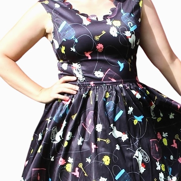 Lindy Bop Daria Birdcage Cat floral Dress scalloped neckline rockabilly pinup 4 - Picture 6 of 11